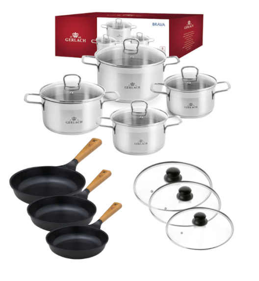 GERLACH BRAVA Komplet Garnki z pokrywkami 8 el + patelnie Gerlach Natur Evo 20, 24, 28 cm + pokrywki uniwersalne 20, 24, 28 cm