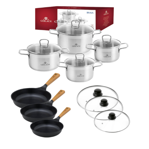GERLACH BRAVA Komplet Garnki z pokrywkami 8 el + patelnie Gerlach Natur Evo 20, 24, 28 cm + pokrywki uniwersalne 20, 24, 28 cm