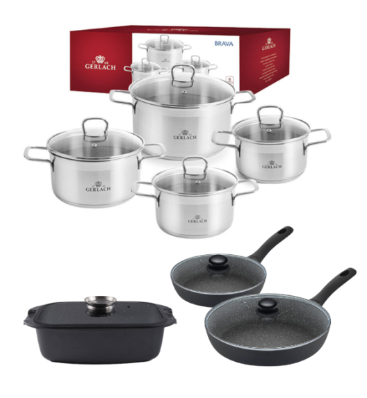 GERLACH BRAVA Komplet Garnki z pokrywkami 8 el + patelnie Gerlach Granitex 28, 20 cm + pokrywki uniwersalne + Brytfanna Granitex 32 cm 