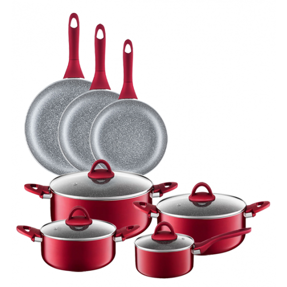 AMBITION JASPER Komplet garnków z pokrywkami 8 el (16, 20, 24, 28) cm + patelnie (20, 24, 28) cm / nieprzywierająca powłoka / indukcja