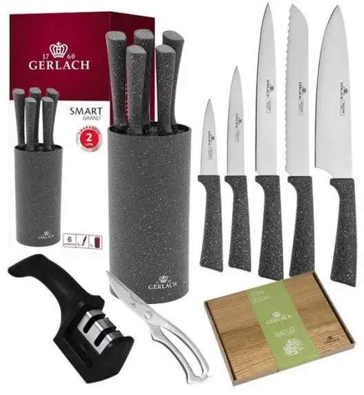 GERLACH SMART GRANIT Komplet 5 noży w bloku + ostrzałka 2w1  + nożyce do drobiu + deska