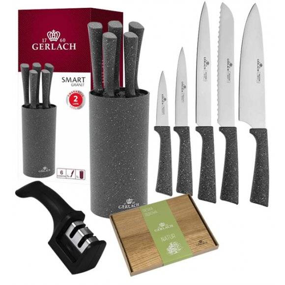GERLACH SMART GRANIT Komplet 5 noży w bloku + ostrzałka 2w1  + deska dębowa