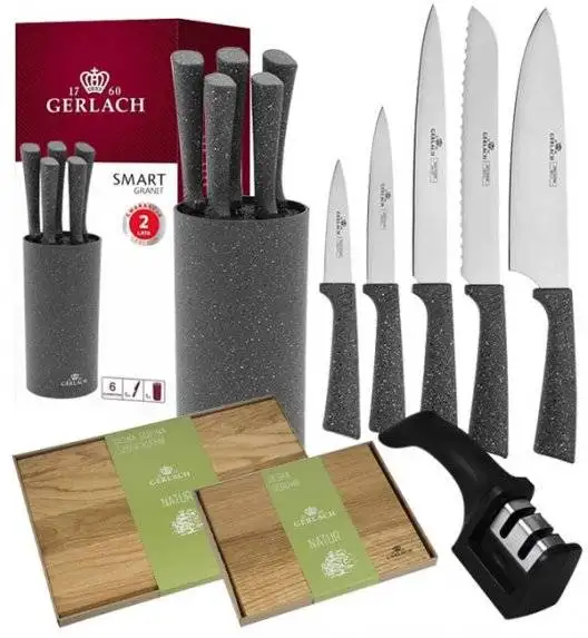 GERLACH SMART GRANIT Komplet 5 noży w bloku + ostrzałka 2w1  + komplet desek dębowych