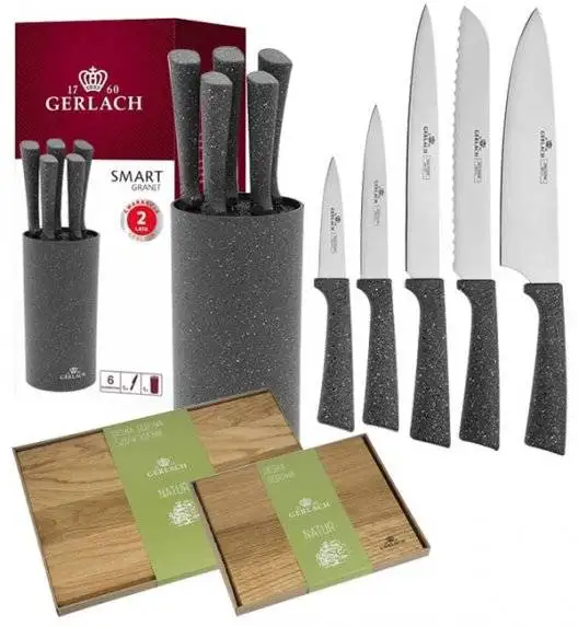 GERLACH SMART GRANIT Komplet 5 noży w bloku + komplet desek dębowych