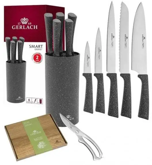 GERLACH SMART GRANIT Komplet 5 noży w bloku + nożyce do drobiu + deska dębowa
