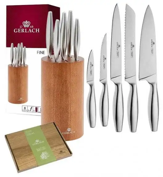 GERLACH FINE Komplet 5 noży w bloku + deska dębowa