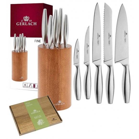 GERLACH FINE Komplet 5 noży w bloku + deska dębowa