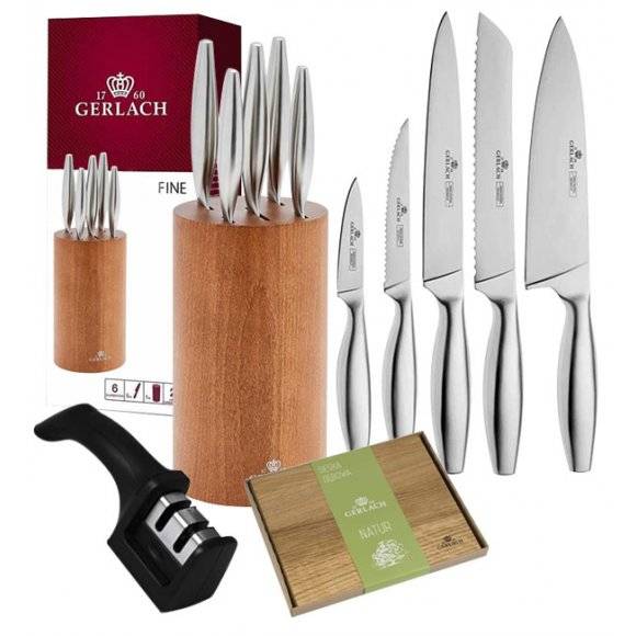 GERLACH FINE Komplet 5 noży w bloku + ostrzałka 2w1 + deska dębowa