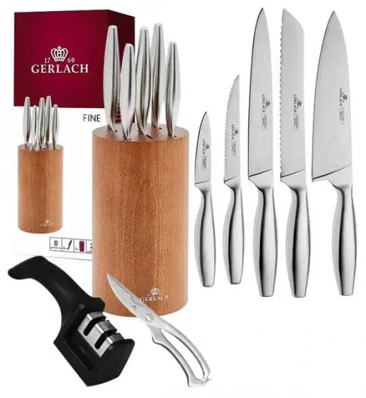 GERLACH FINE Komplet 5 noży w bloku + ostrzałka 2w1 + nożyce do drobiu