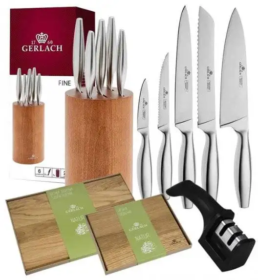GERLACH FINE Komplet 5 noży w bloku + ostrzałka 2w1 + komplet desek 