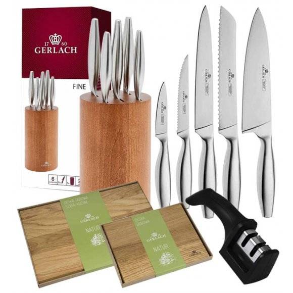 GERLACH FINE Komplet 5 noży w bloku + ostrzałka 2w1 + komplet desek 