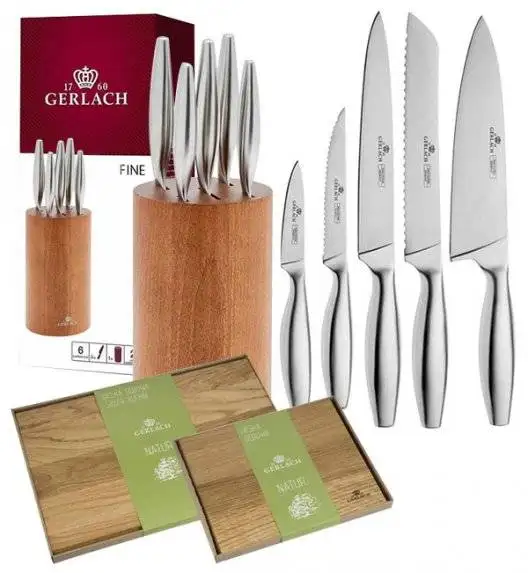 GERLACH FINE Komplet 5 noży w bloku + komplet desek dębowych