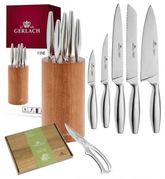 GERLACH FINE Komplet 5 noży w bloku + deska dębowa + nożyce do drobiu