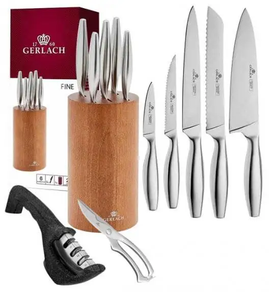 GERLACH FINE Komplet 5 noży w bloku + ostrzałka 3w1 Granitex +nożyce stalowe do drobiu