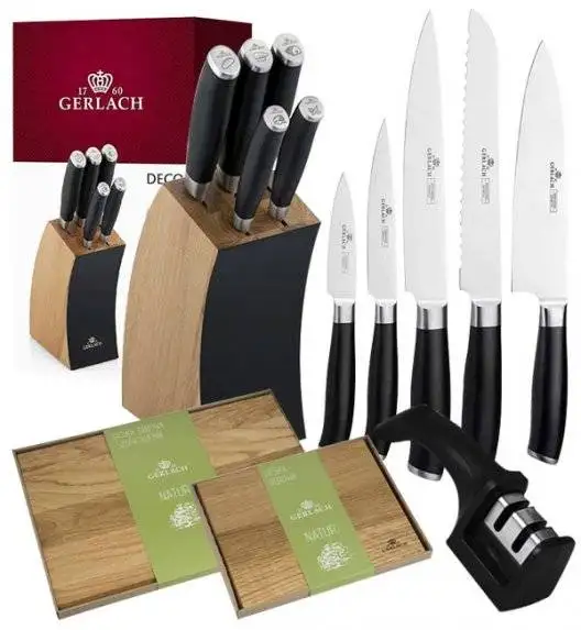​GERLACH DECO BLACK Komplet 5 noży w bloku + ostrzałka 2w1 + komplet desek dębowych