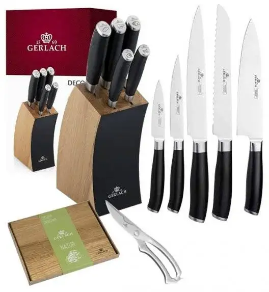 GERLACH DECO BLACK Komplet 5 noży w bloku + nożyce do drobiu + deska dębowa