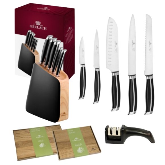 GERLACH LOFT Komplet 5 noży w bloku + ostrzałka 2w1 + komplet desek dębowych