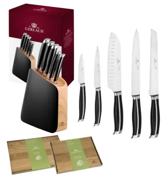 GERLACH LOFT Komplet 5 noży w bloku + komplet desek dębowych