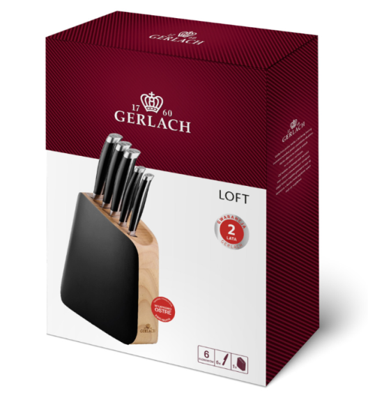 GERLACH LOFT Komplet 5 noży w bloku + komplet desek dębowych