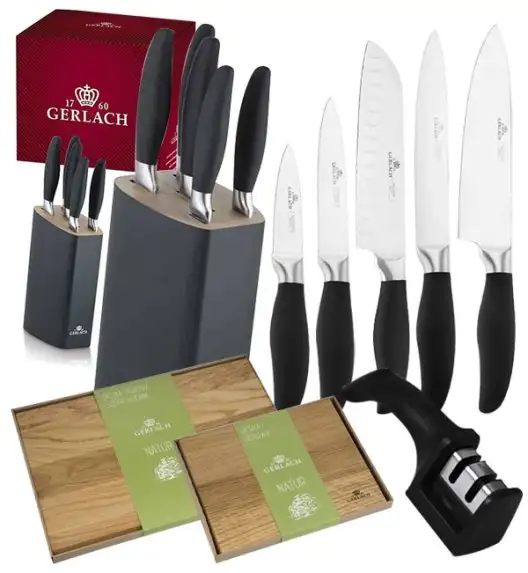 GERLACH STYLE PLUS Komplet 5 noży w bloku + ostrzałka 2w1 + komplet desek dębowych