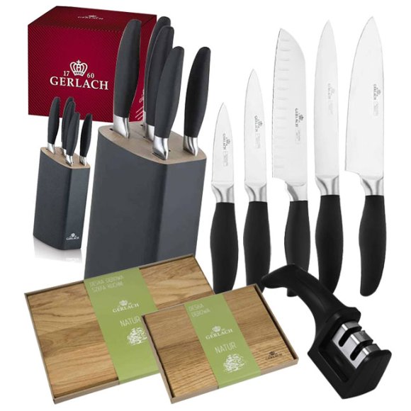 GERLACH STYLE PLUS Komplet 5 noży w bloku + ostrzałka 2w1 + komplet desek dębowych