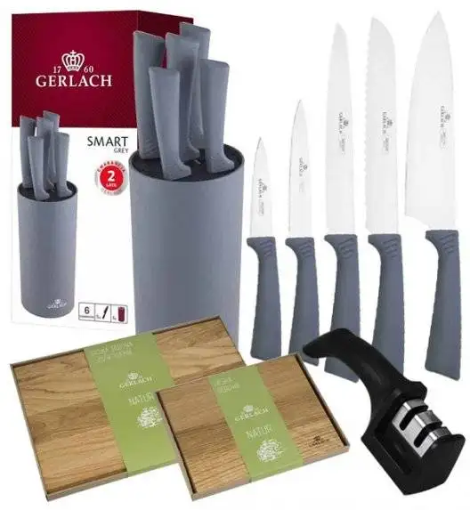 GERLACH SMART GREY Komplet 5 noży w bloku + ostrzałka 2w1 + komplet desek dębowych