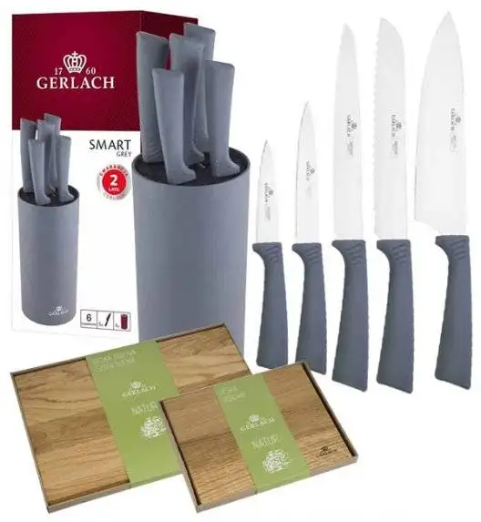 GERLACH SMART GREY Komplet 5 noży w bloku + komplet desek dębowych