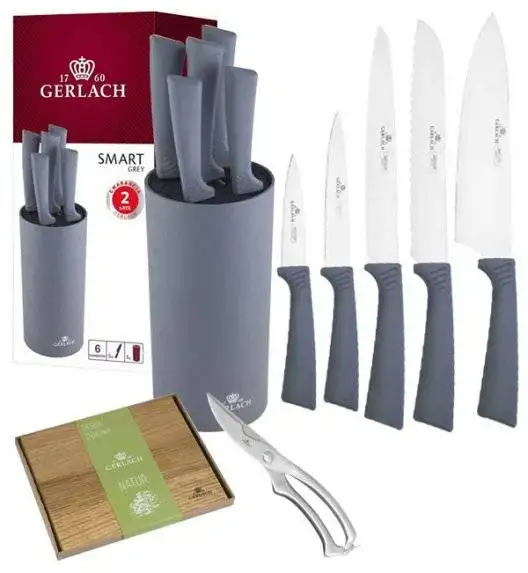 GERLACH SMART GREY Komplet 5 noży w bloku + nożyce do drobiu + deska dębowa