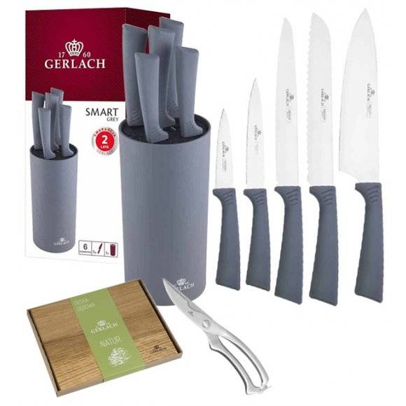 GERLACH SMART GREY Komplet 5 noży w bloku + nożyce do drobiu + deska dębowa