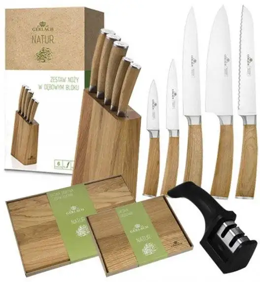GERLACH NATUR Komplet 5 noży w bloku + ostrzałka 2w1 + komplet desek dębowych