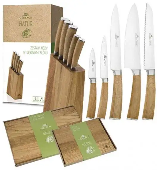 GERLACH NATUR Komplet 5 noży w bloku + komplet desek dębowych