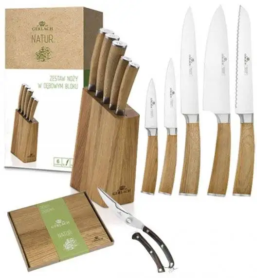 GERLACH NATUR Komplet 5 noży w bloku + nożyce do drobiu + deska dębowa