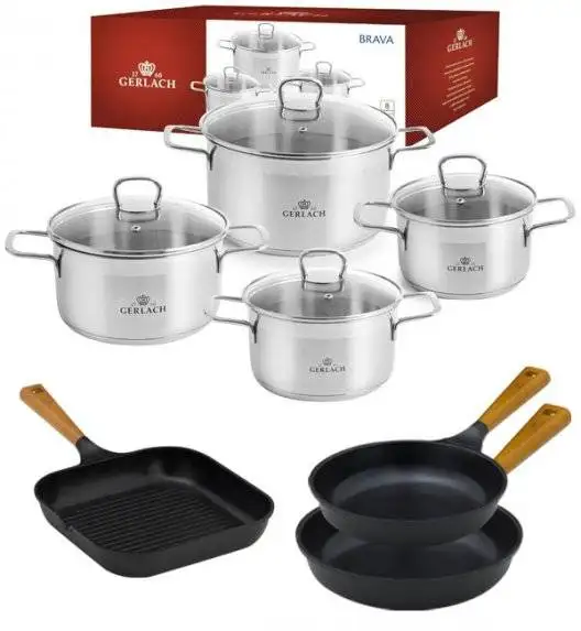 GERLACH BRAVA Komplet Garnki z pokrywkami 8 el + patelnie Gerlach Natur Evo 24, 28 cm + patelnia grillowa 24 cm 