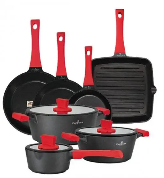 ZWIEGER OBSIDIAN Komplet garnków z pokrywkami 6 el+ patelnie Zwieger Obsidian 20, 24, 28cm + grillowa 28 cm