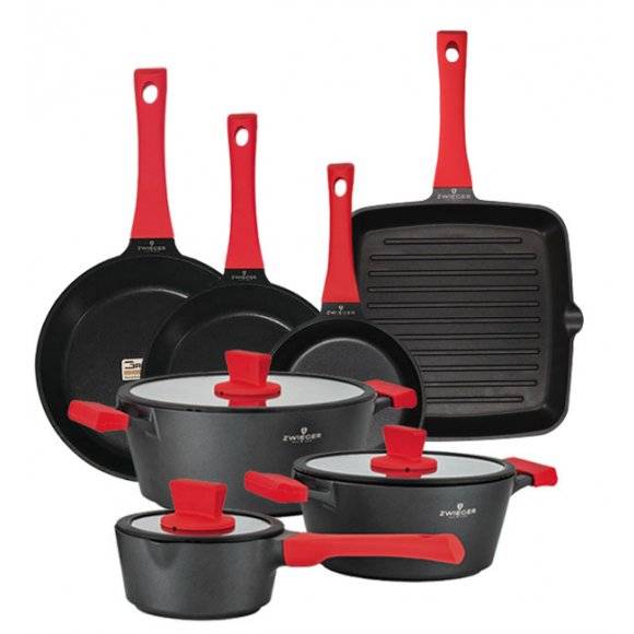 ZWIEGER OBSIDIAN Komplet garnków z pokrywkami 6 el+ patelnie Zwieger Obsidian 20, 24, 28cm + grillowa 28 cm