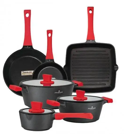 ZWIEGER OBSIDIAN Komplet garnków z pokrywkami 6 el + patelnie Zwieger Obsidian 20, 28 cm + grillowa 28 cm