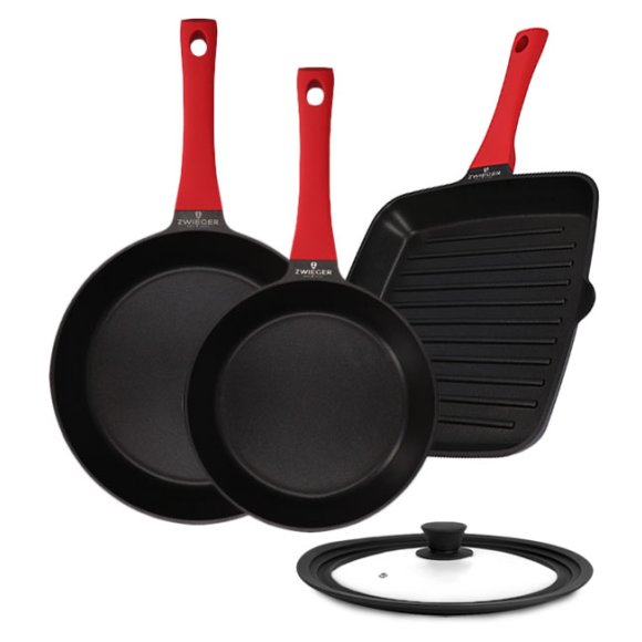 ZWIEGER OBSIDIAN Komplet patelni 24, 28 cm + pokrywki + patelnia grillowa 28 cm / powłoka GREBLON non- stick