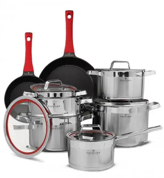 ZWIEGER KLASSIKER Komplet garnków z pokrywkami 11 el / stal nierdzewna SS 304 + Patelnie Obsidian 20, 28 cm