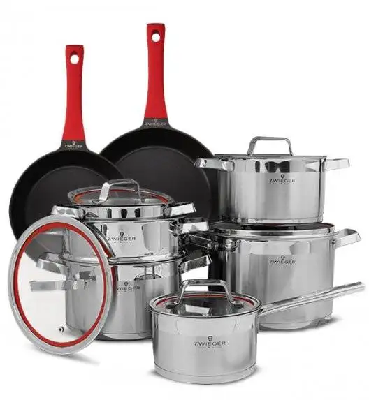 ZWIEGER KLASSIKER Komplet garnków z pokrywkami 11 el / stal nierdzewna SS 304 + Patelnie Obsidian 24, 28 cm