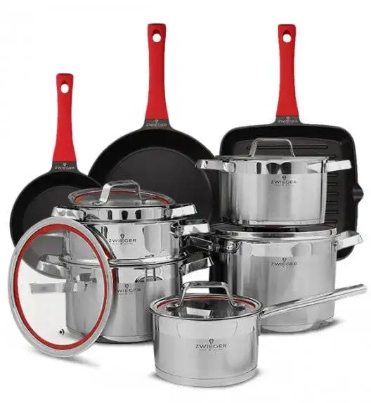 ZWIEGER KLASSIKER Komplet garnków z pokrywkami 11 el / stal nierdzewna SS 304 + Patelnie Obsidian 20, 28 cm + patelnia grillowa 28 cm
