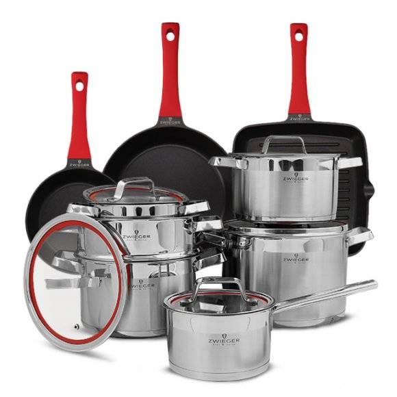 ZWIEGER KLASSIKER Komplet garnków z pokrywkami 11 el / stal nierdzewna SS 304 + Patelnie Obsidian 20, 28 cm + patelnia grillowa 28 cm