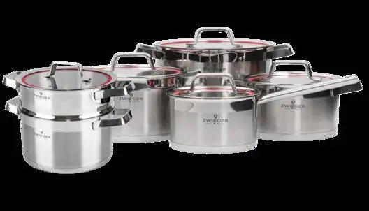ZWIEGER KLASSIKER Komplet garnków z pokrywkami 11 el / stal nierdzewna SS 304 + Patelnie Obsidian 20, 24, 28 cm + grillowa 28 cm