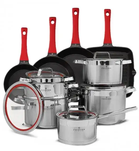 ZWIEGER KLASSIKER Komplet garnków z pokrywkami 11 el / stal nierdzewna SS 304 + Patelnie Obsidian 20, 24, 28 cm + grillowa 28 cm