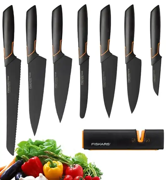 FISKARS EDGE FSEL2 Komplet 7 noży kuchennych + ostrzałka Fiskars Edge / japońska stal nierdzewna 