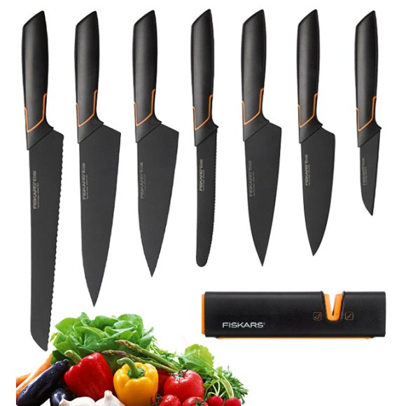 FISKARS EDGE FSEL2 Komplet 7 noży kuchennych + ostrzałka Fiskars Edge / japońska stal nierdzewna 
