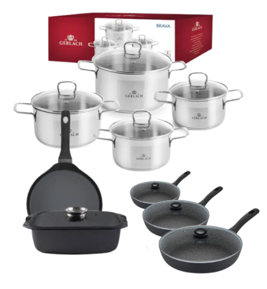GERLACH BRAVA Komplet Garnki z pokrywkami 8 el + patelnie Gerlach Granitex 20, 24, 28 cm + pokrywki uniwersalne + Brytfanna Granitex 32 cm + Patelnia naleśnikowa