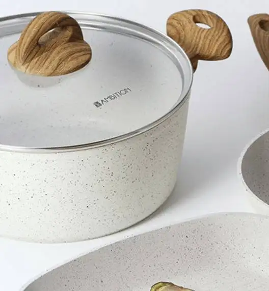 AMBITION NATURE Komplet patelni z powłoką nieprzywierającą Ø20+24+28 cm +pokrywki uniwersalne+ patelnia głęboka 28 cm / indukcja