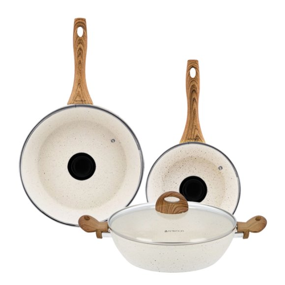 AMBITION NATURE Komplet patelni z powłoką nieprzywierającą Ø20+28 cm +pokrywki uniwersalne+ patelnia głęboka 28 cm