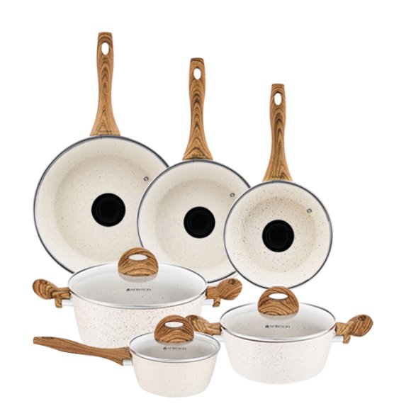 AMBITION NATURE Komplet Garnki z pokrywkami 6 el + patelnia 20, 24, 28 cm + pokrywki uniwersalne