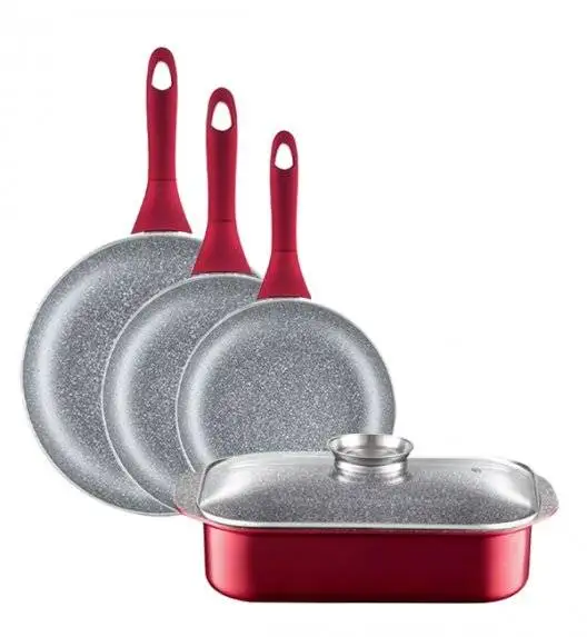 AMBITION JASPER Komplet patelni (20, 24, 28) cm + Brytfanna / nieprzywierająca powłoka Qualum Basic Stone Edition  / czerwone